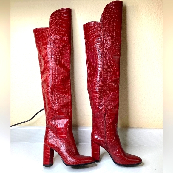 Strategia Red Croc-Embossed Knee-High Boots Made in Italy